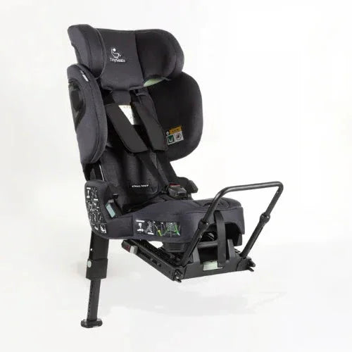 Product picture of TinySeats Two, installed rear-facing, with headrest high up. 