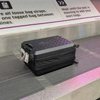 TinySeats SeatCase on a luggage carousel with instructions in the background