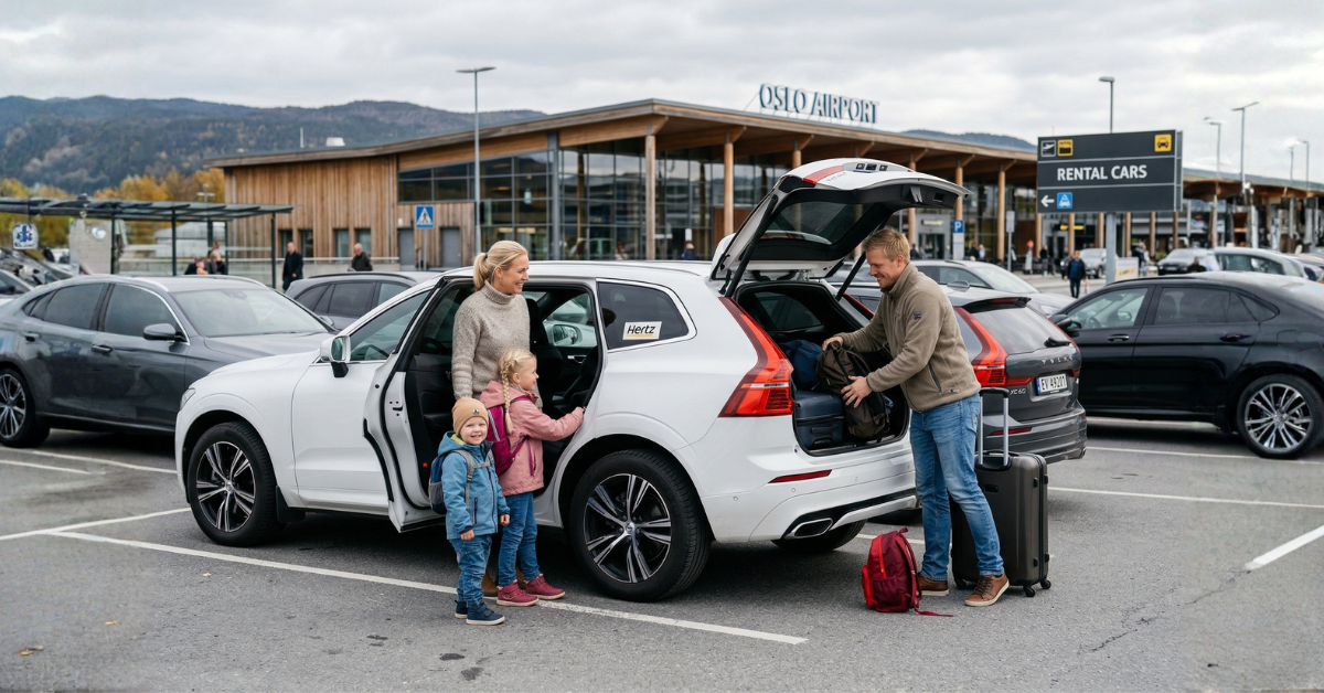 Family loading a car at a carpark at Oslo airport