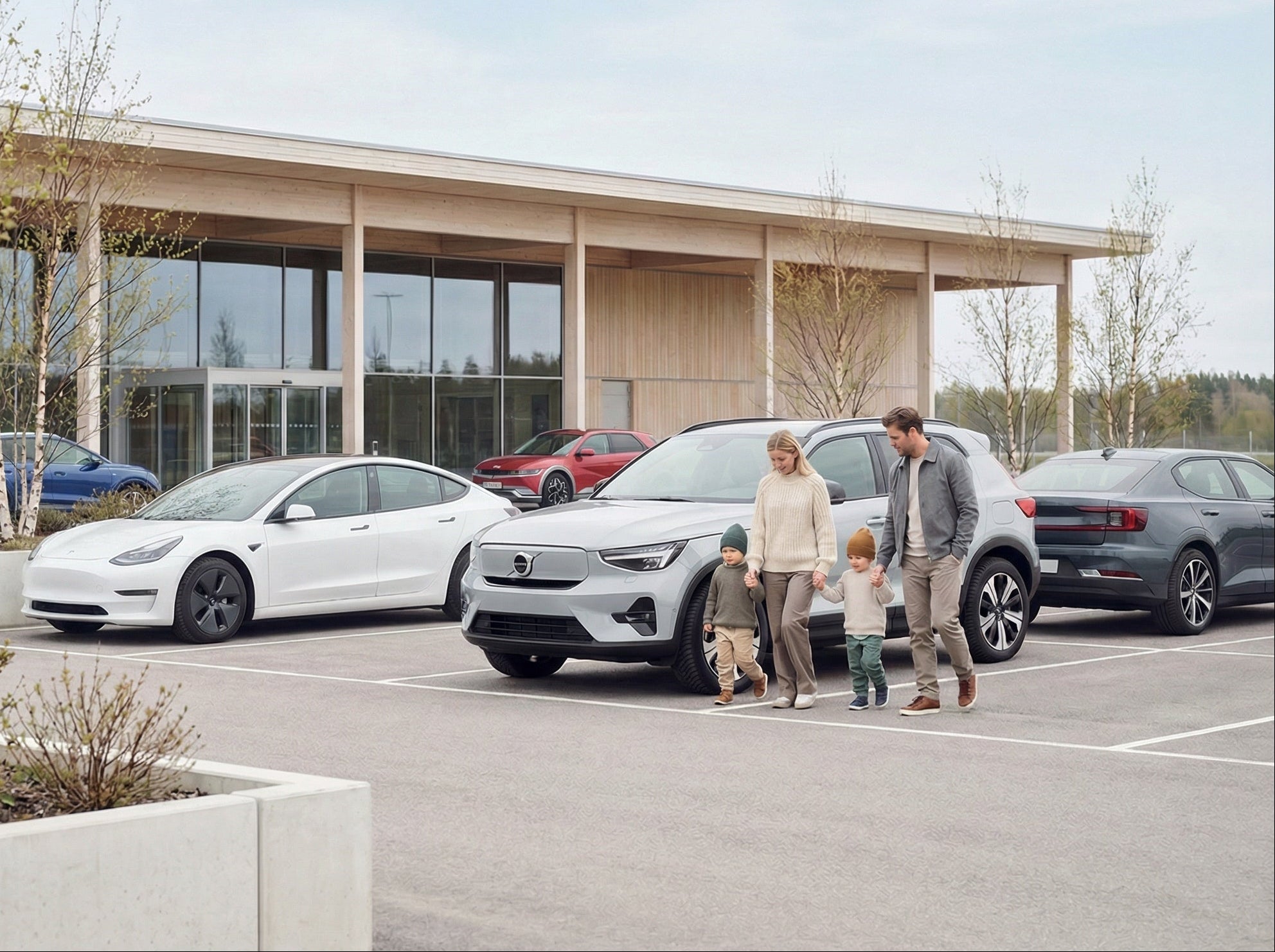 Early spring with a family walking next to their rental car at an airport carpark in Norway