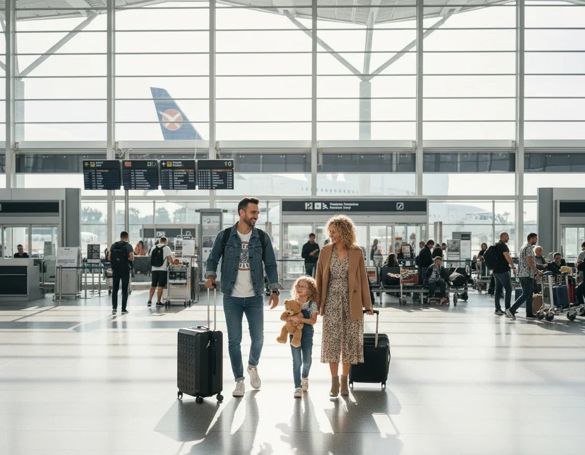 Family with luggage walking through an airport terminal