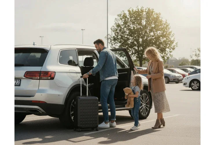 Family at an airport car park, just about to install a carseat in their rental car