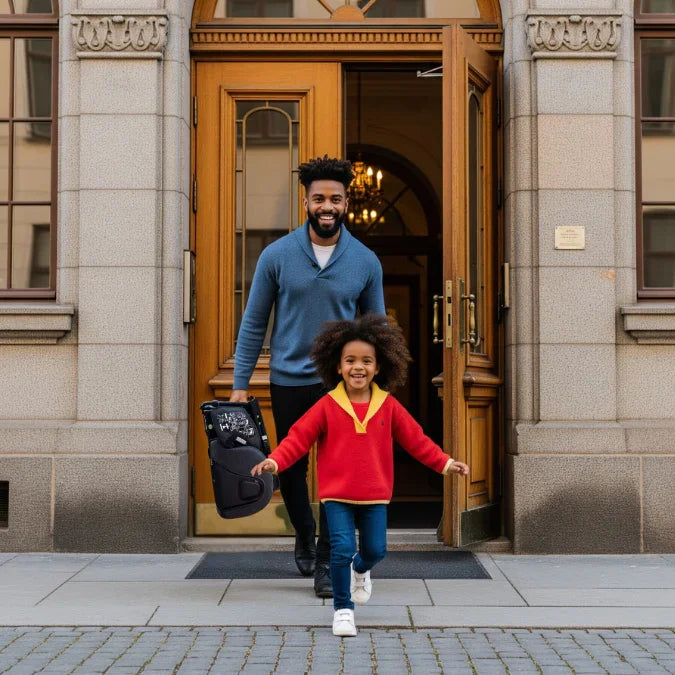 Afroamerican dad and daughter coming out of a door in Stockholm with the dad carrying a folded and compact extended rear facing car in his hand.