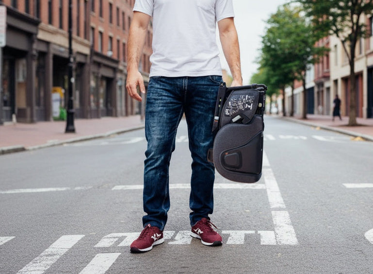 TinySeats Two folded into compact mode, carried in one hand by a man standing on a street