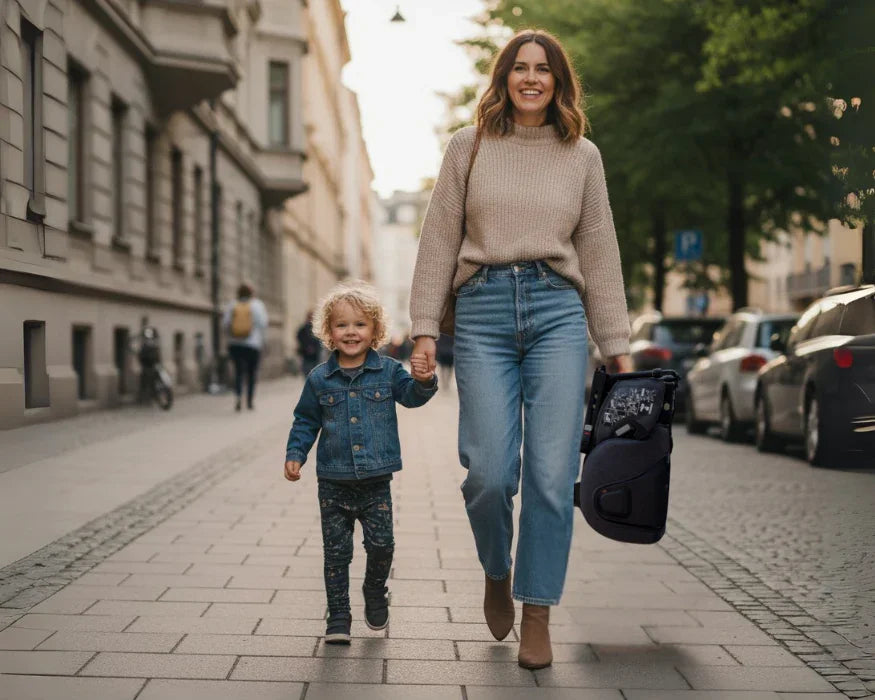 Woman and child walking down a street in Stockholm with woman holding a folded carseat in her hand