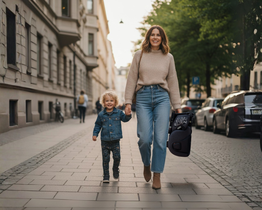 Its spring in Stockholm and a woman and child are walking, hand in hand, down a sidewalk. Woman holds a folded compact carseat in her other hand. 